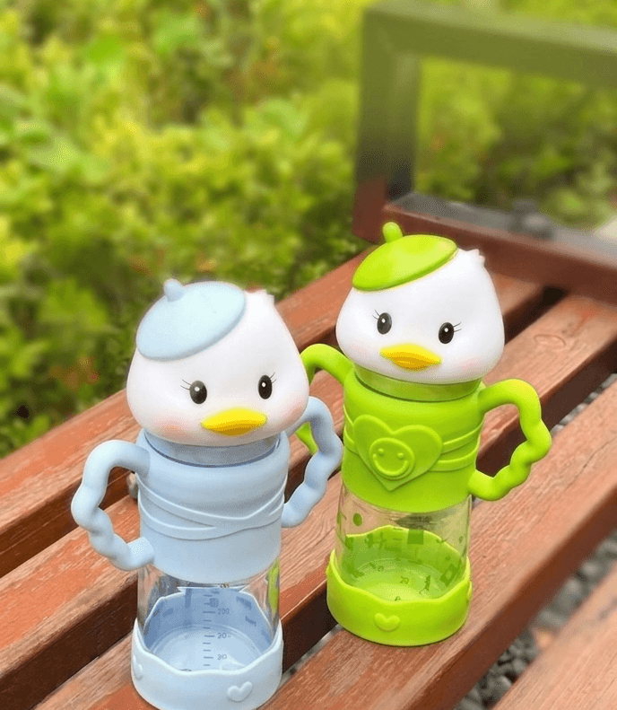 Little Sips FISH Duck Head Glass Feeding Bottle โ with Side Handles & Measurement Marks | Blue & Green